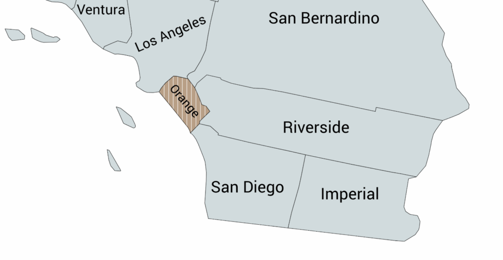 Map showing Hangers Art Installation’s TV mounting service area throughout Orange County.